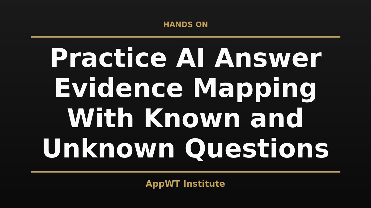 Black and gold title card reading Practice AI Answer Evidence Mapping With Known and Unknown Questions, with the AppWT Institute name in gold along the bottom edge