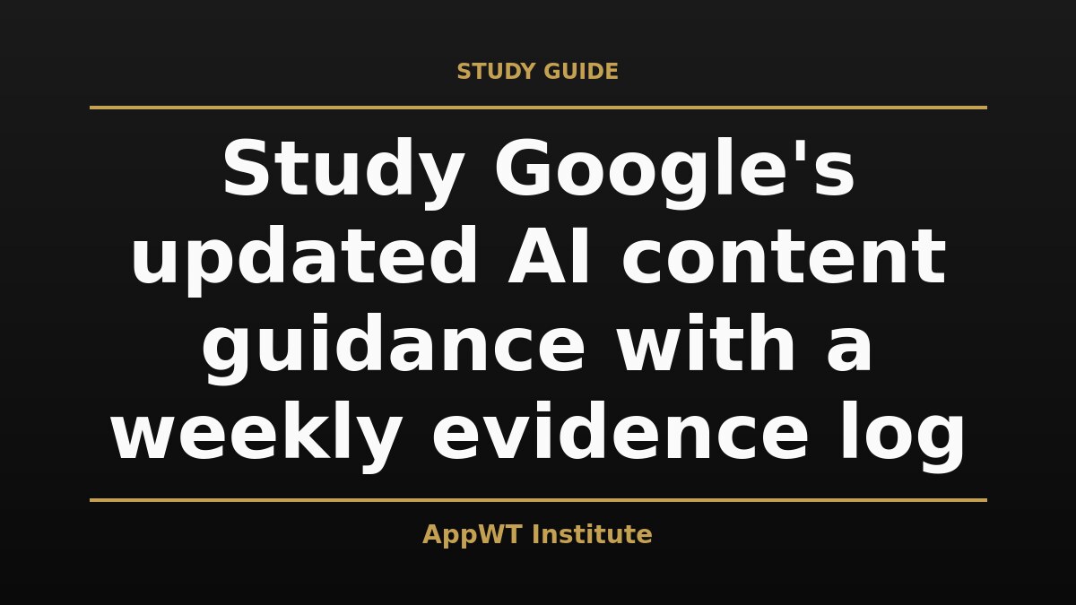 Black and gold title card reading Study Google's updated AI content guidance with a weekly evidence log, with the AppWT Institute name in gold along the bottom edge